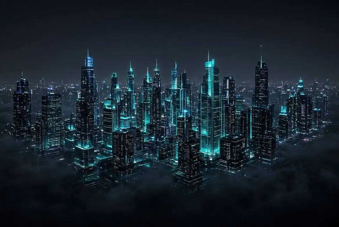 Digital city skyline at night