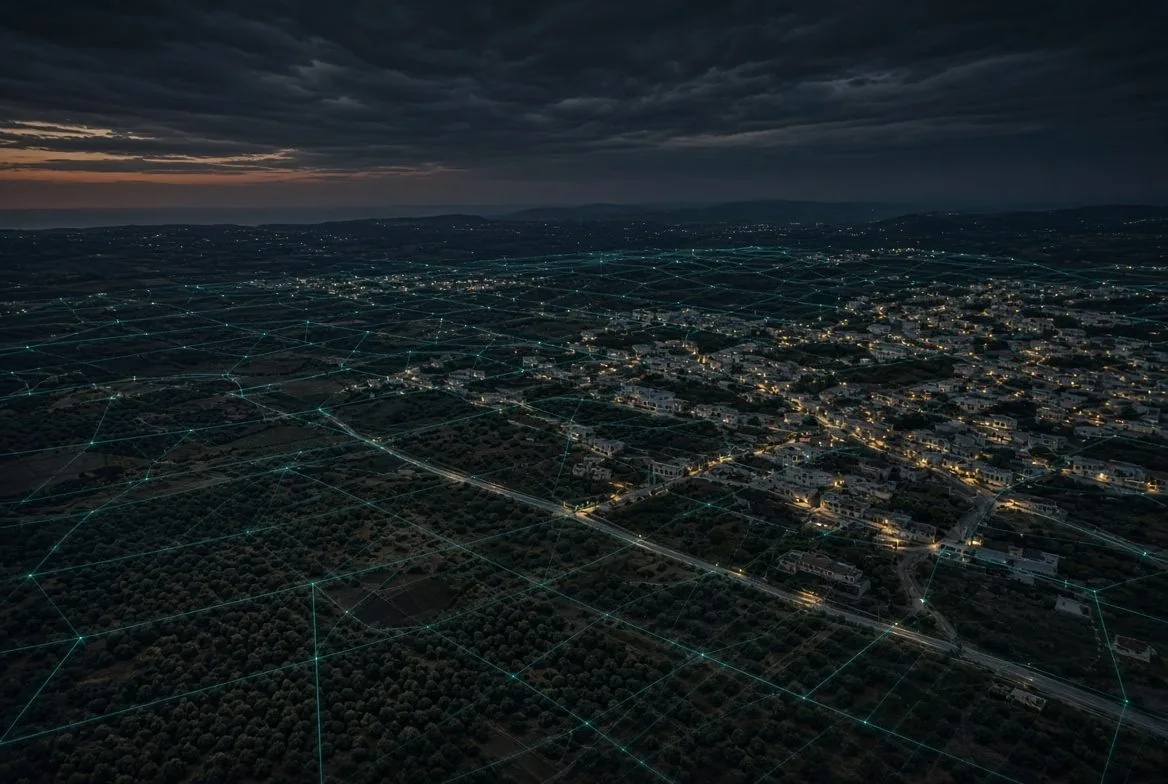 Markopoulo Mesogaias seen from above at night