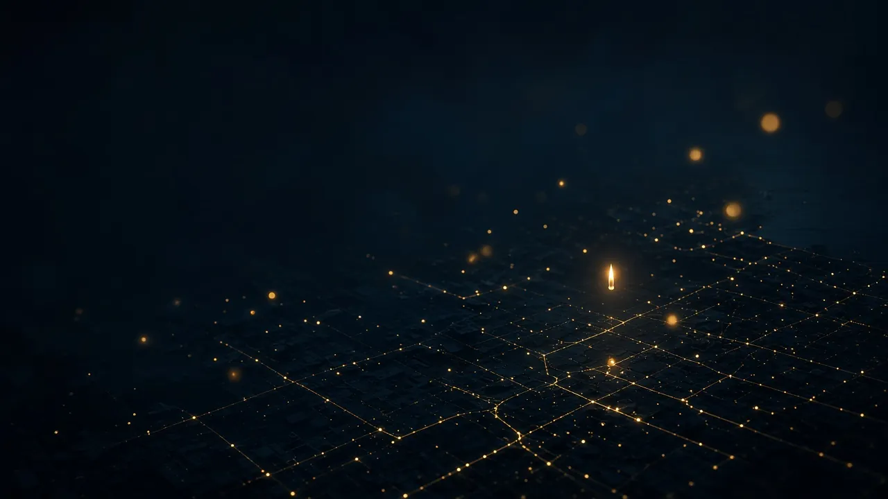 Golden lights rising above a digital city at night