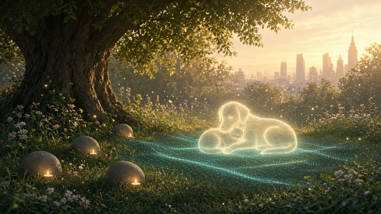 A glowing dog and cat resting in a peaceful meadow under an old tree, with candle-lit stones and a city skyline at sunset