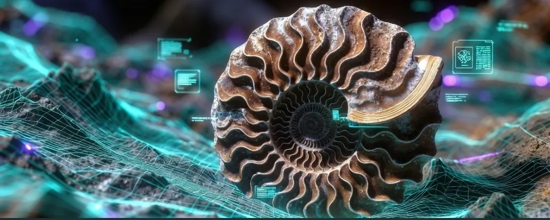 Artistic visualization of a glowing ammonite