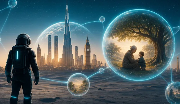 Astronaut among glowing memory bubbles, a grandmother telling a story under an old tree