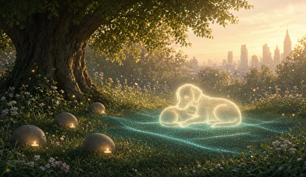 A glowing dog and cat resting in a peaceful meadow under an old tree, with candle-lit stones and a city skyline at sunset